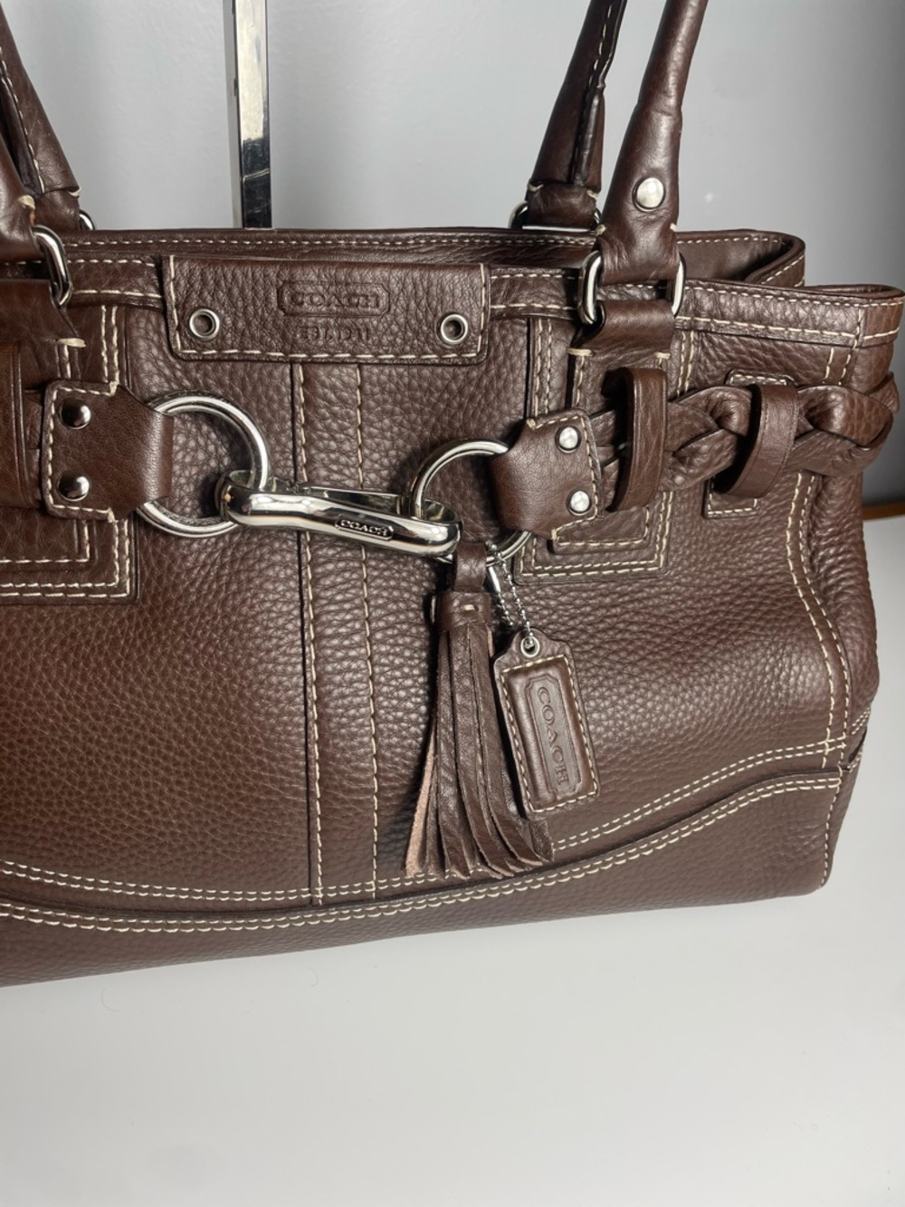 Coach Hampton Brown Pebbled Leather Shoulder Braided Satchel. - Picture 9 of 13